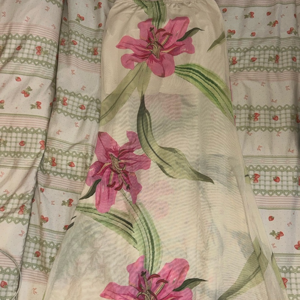 Floral sheer Maxi skirt with Pink and Green floral Accents